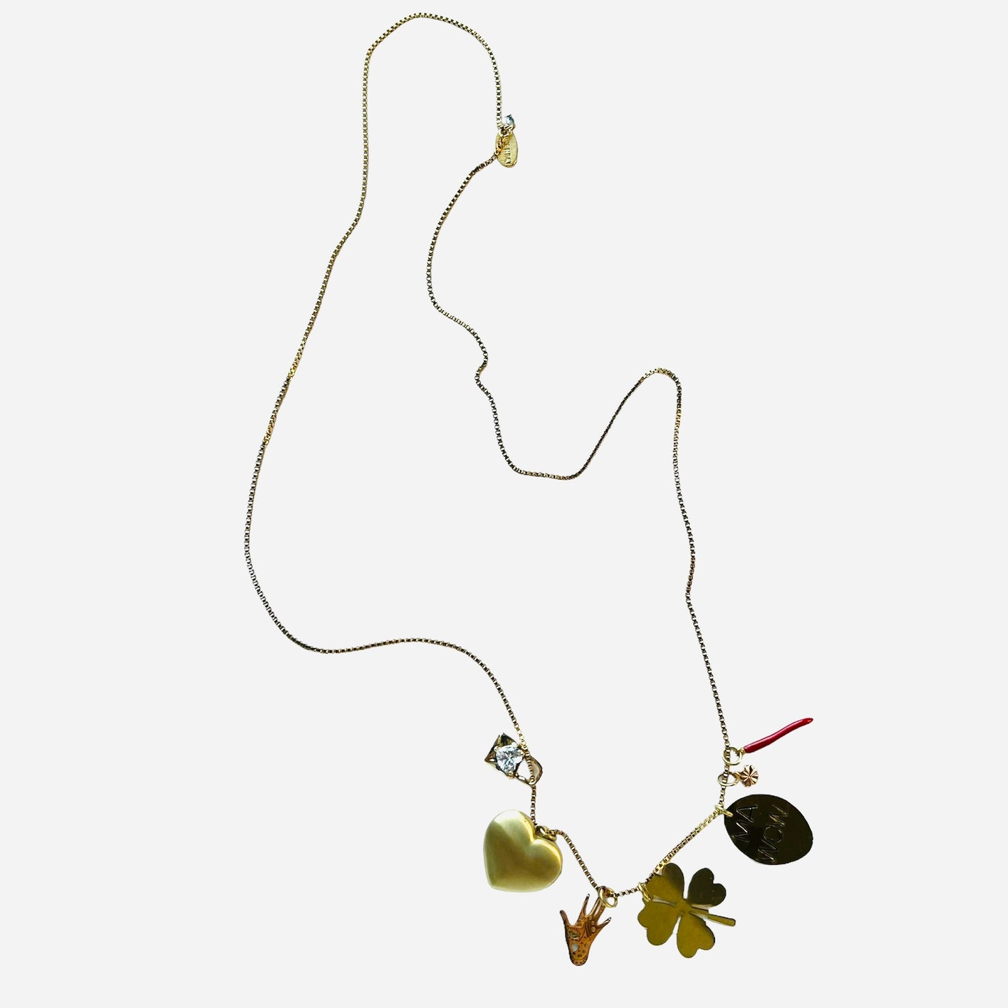 collana lunga MR BIGGY BIJOUX con ciondoli portafortuna e medaglietta incisa a mano " ma wow"