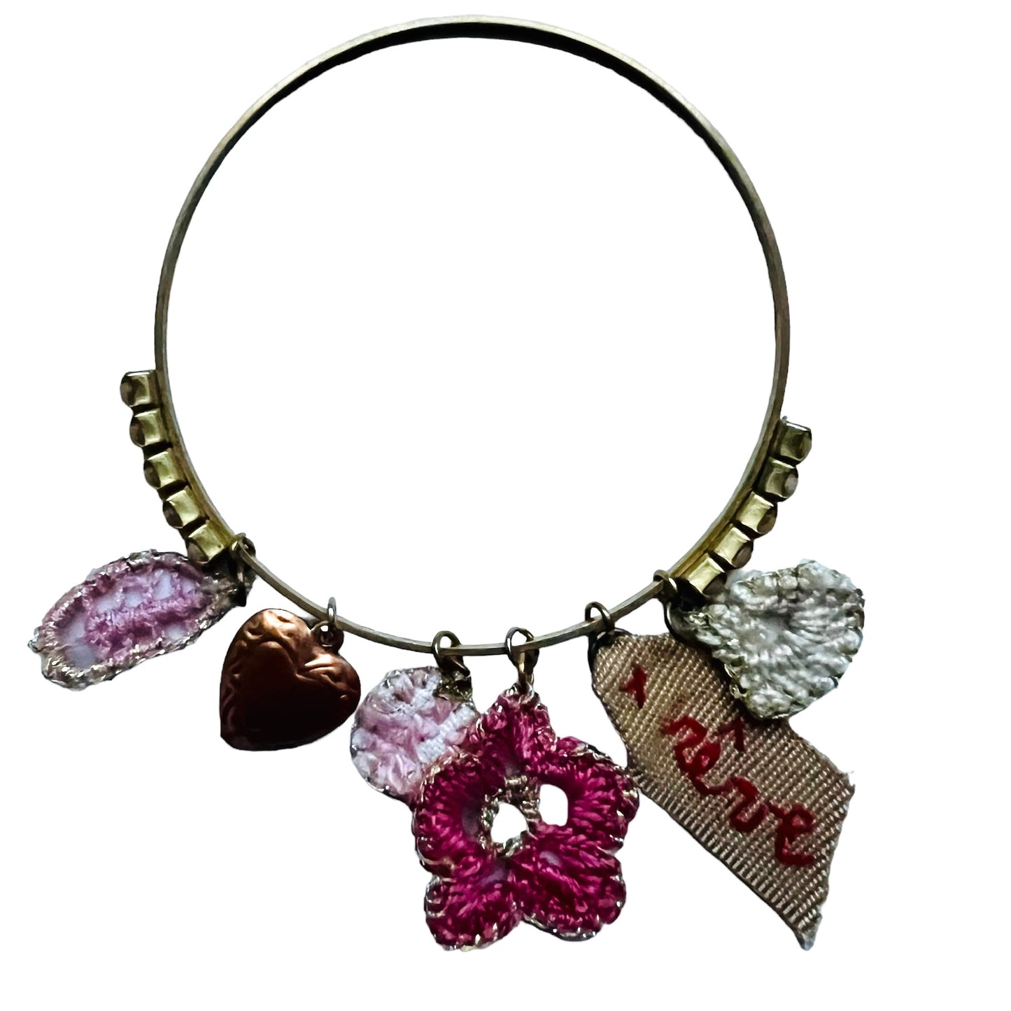 bracciale rigido PUELLA "reve" con ciondoli ricamati a mano e cristalli toni rosa e panna