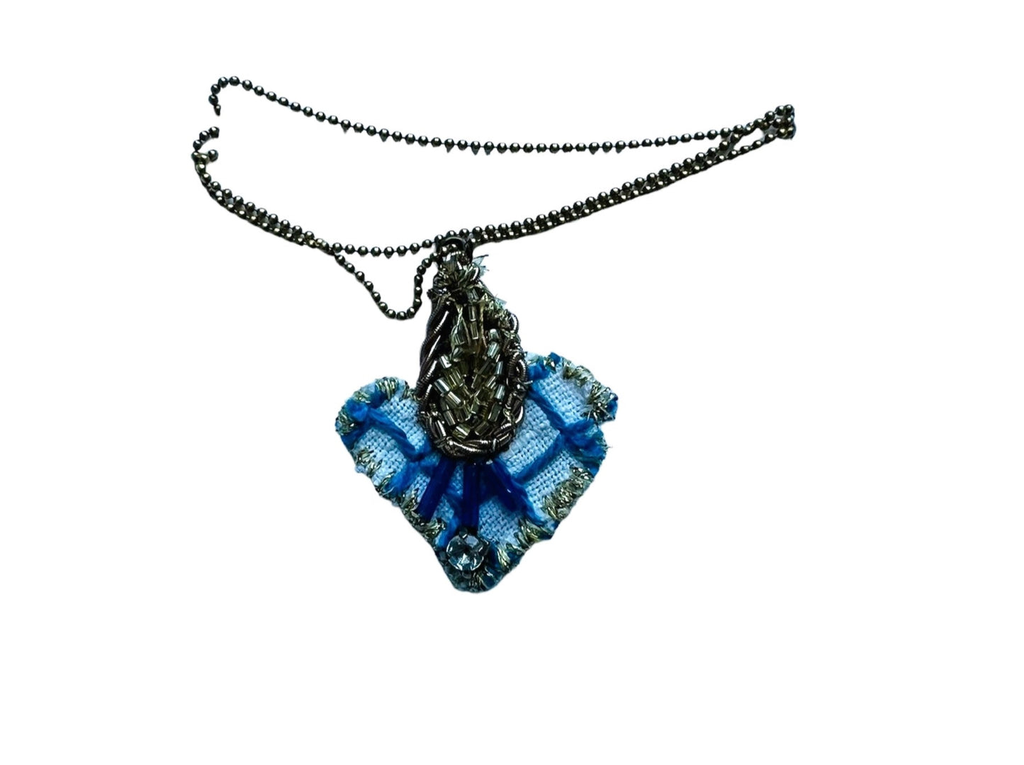 collana lunga PUELLA "cuore petit "con ciondolo ricamato a mano azzurro e oro