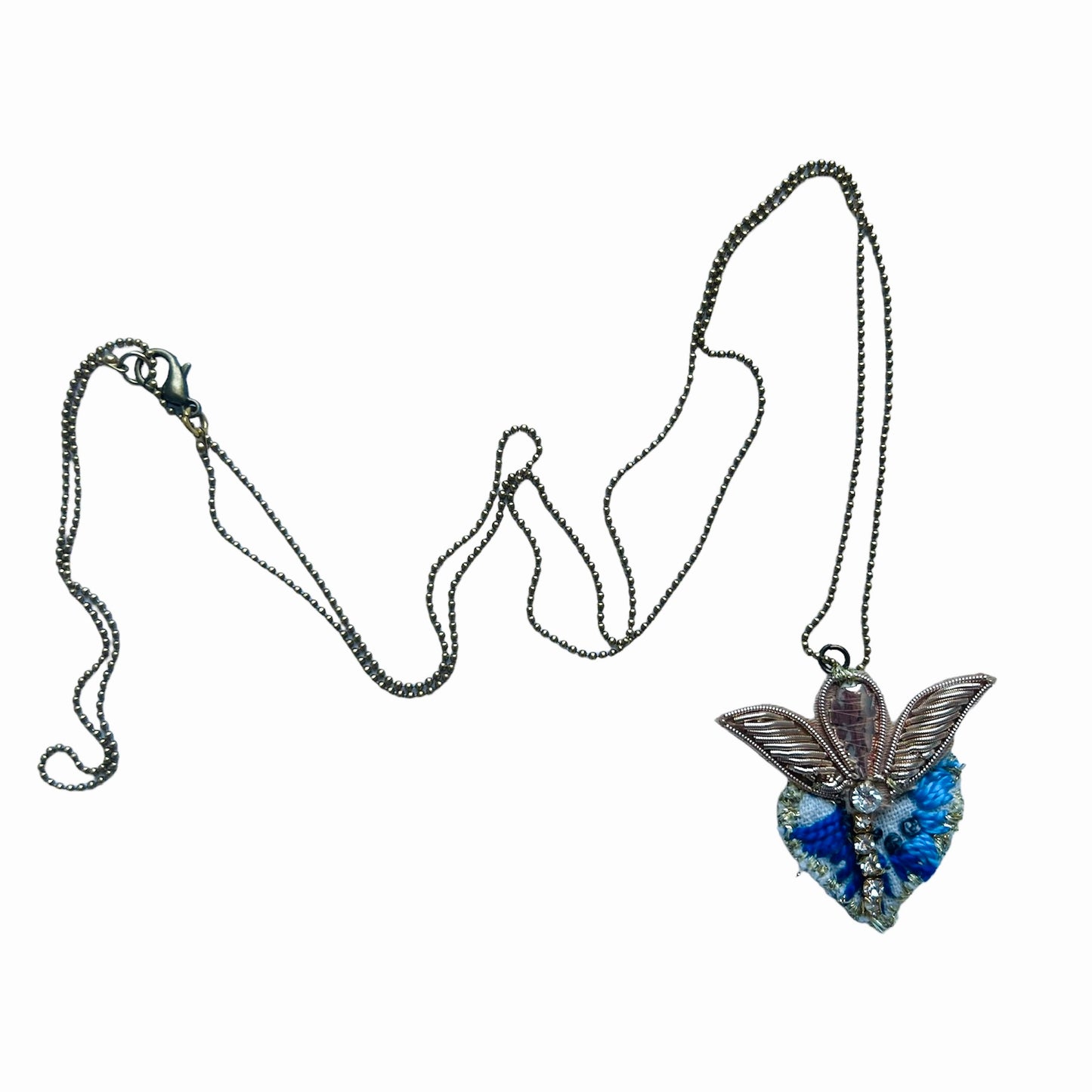 collana lunga PUELLA "cuore petit "con ciondolo ricamato a mano azzurro e oro
