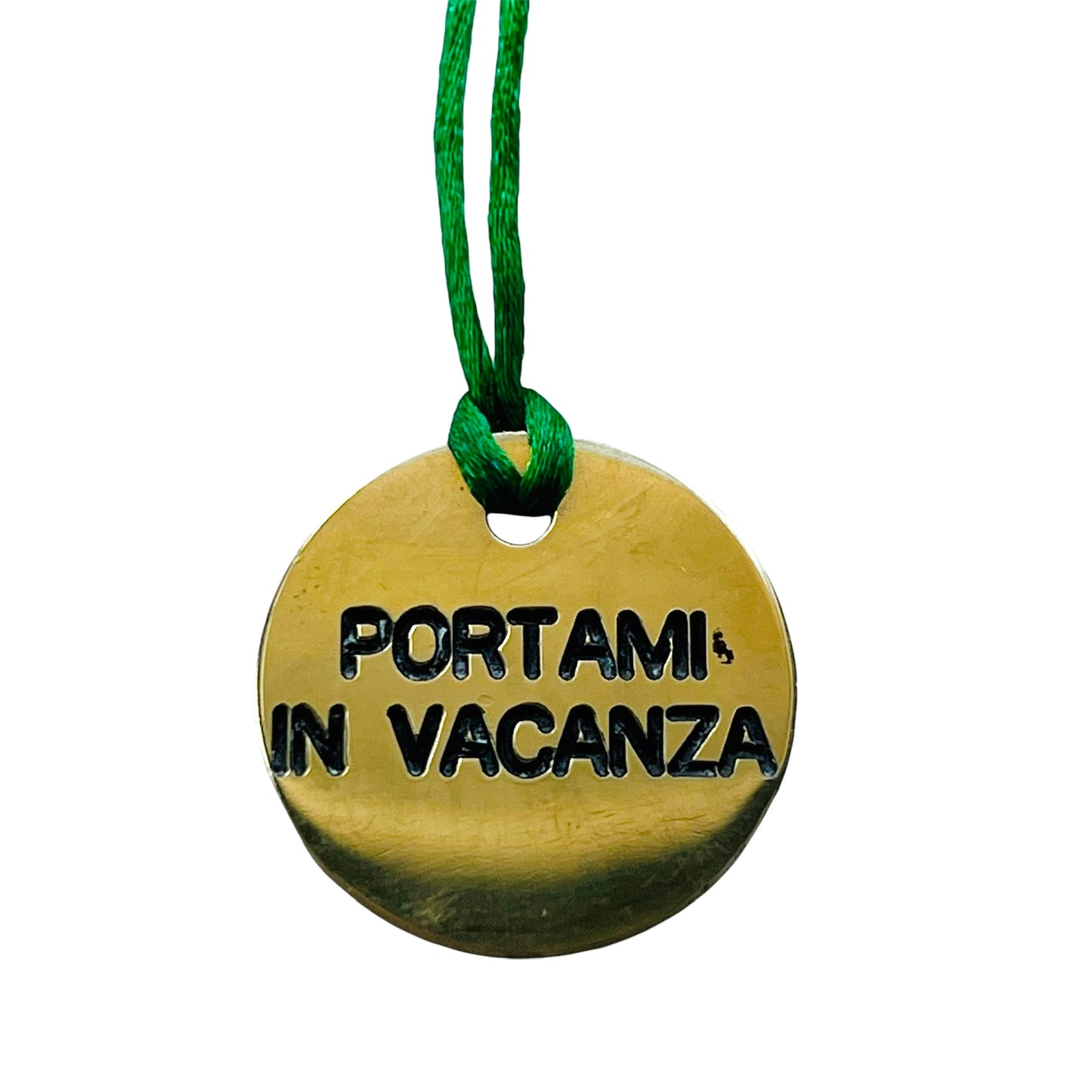 collana VIOLA PISENTI cordino in seta e medaglione inciso a mano "portami in vacanza"