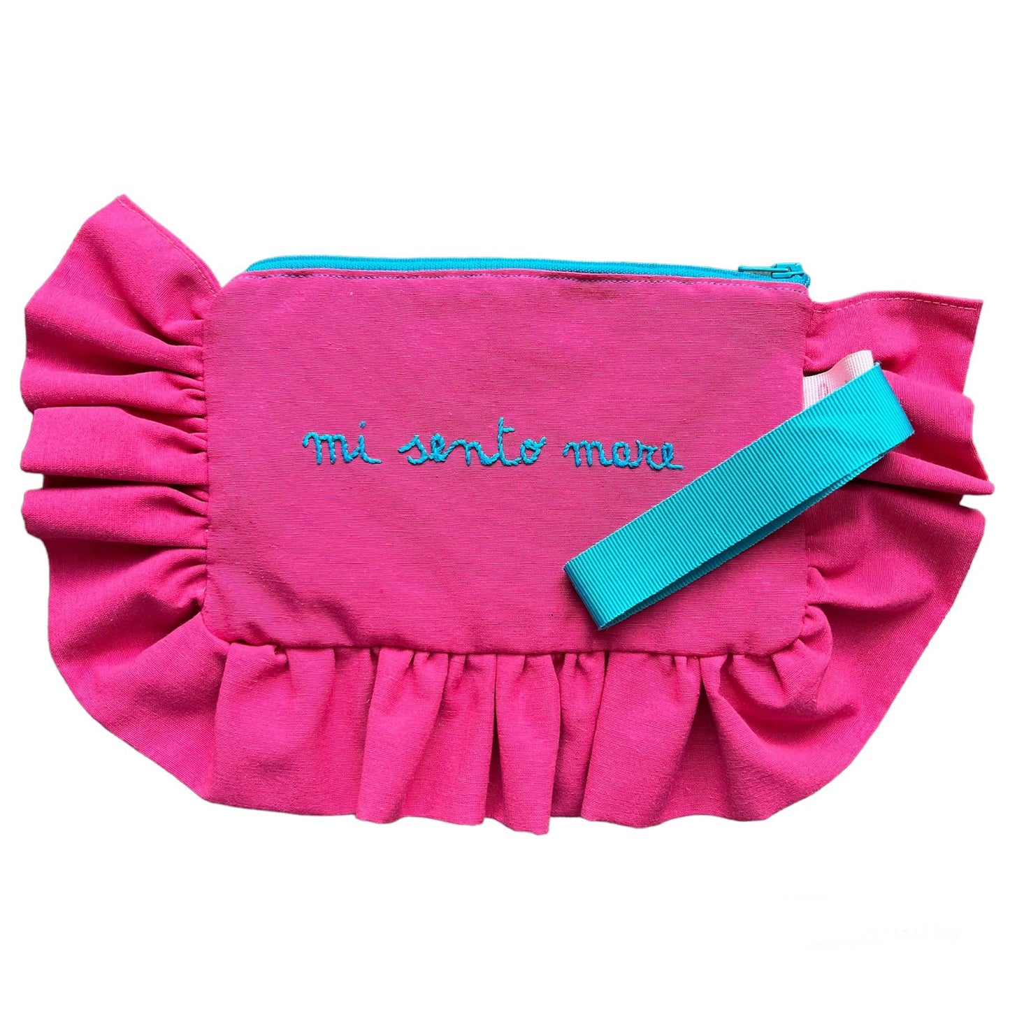 Bustina mille usi Volants Volant tela fucsia “mi sento mare” ricamata a mano