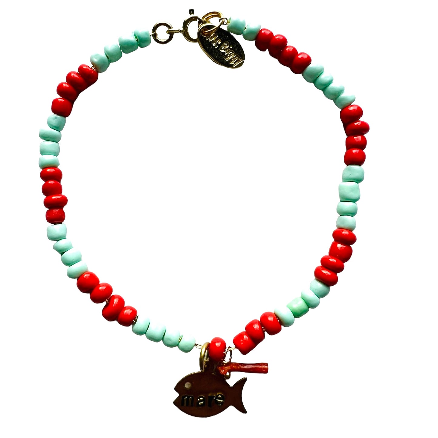 bracciale MR BIGGY BIJOUX perline verde acqua e rosso con ciondolo pescetto inciso a mano "mare"