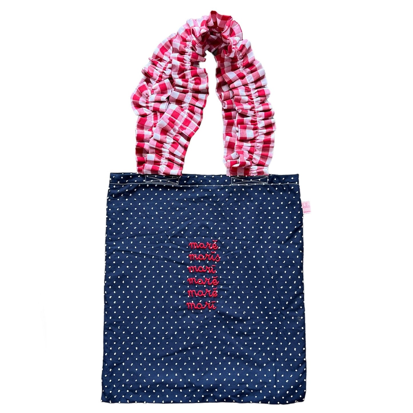 shopping bag VOLANTS VOLANT in plumetis di cotone blu scuro e panna "mare maris..." ricamata a mano e manici volants