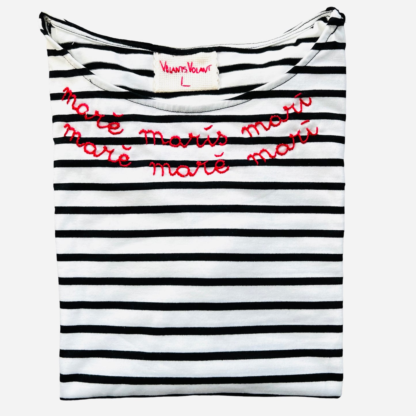 t-shirt VOLANTS VOLANT in jersey a righine "mare maris..." ricamata a mano in rosso