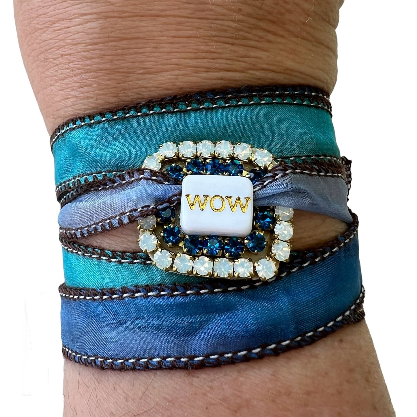 bracciale-nastro TEZEE “wow” in seta sfumata nei toni turchese e bluette