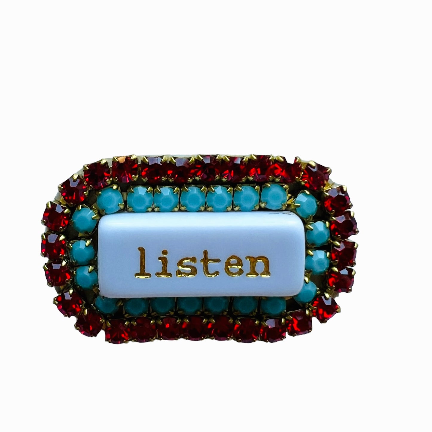 spilla TEZEE "listen" con profilo doppio giro strass rosso e turchese