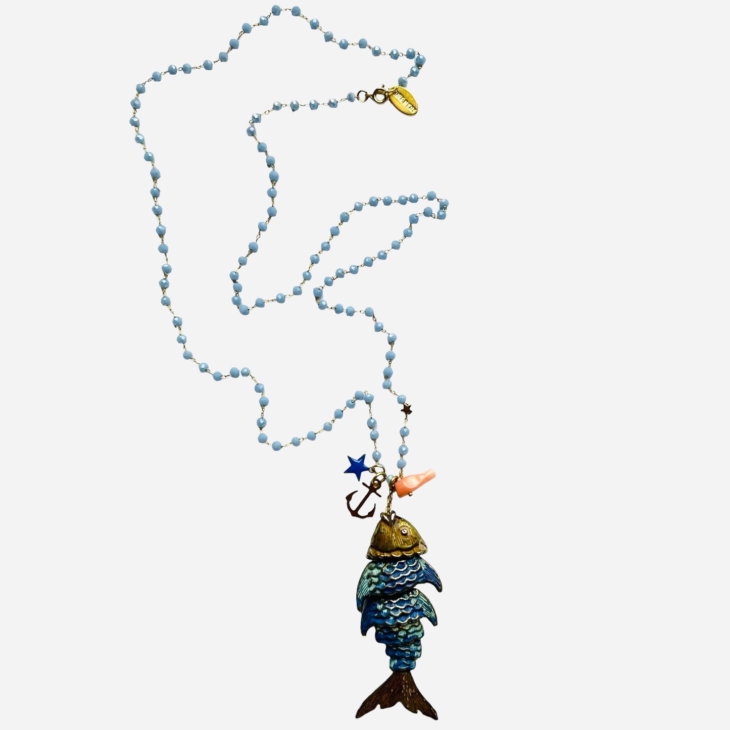 collana lunga MR BIGGY BIJOUX con cristalli lavorazione rosario celeste lavanda e ciondolo pesce snodato in smalto bluette