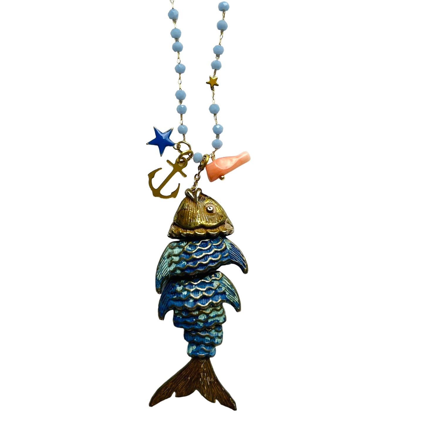 collana lunga MR BIGGY BIJOUX con cristalli lavorazione rosario celeste lavanda e ciondolo pesce snodato in smalto bluette