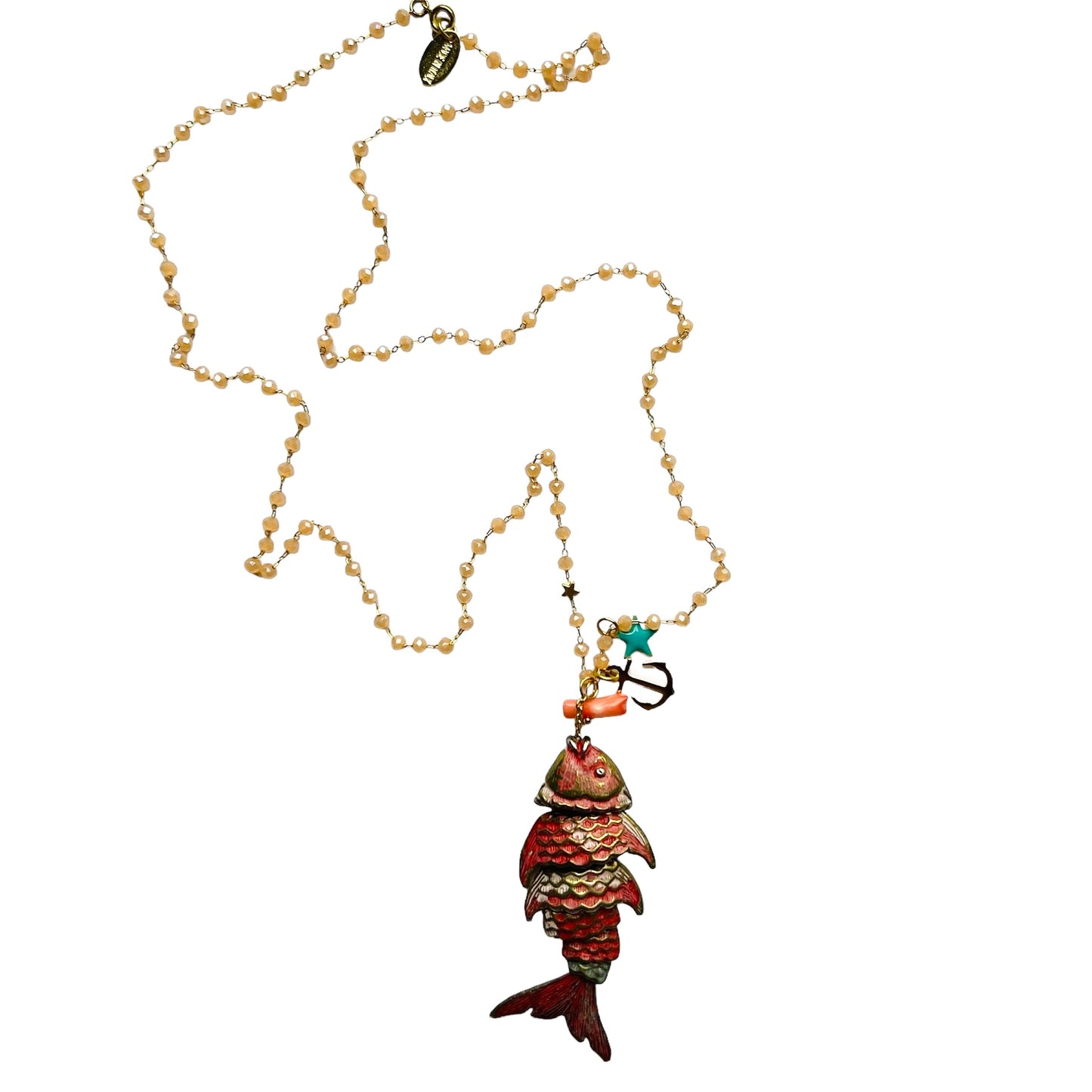 collana lunga MR BIGGY BIJOUX con cristalli lavorazione rosario arancio salmone e ciondolo pesce snodato in smalto rosso fragola