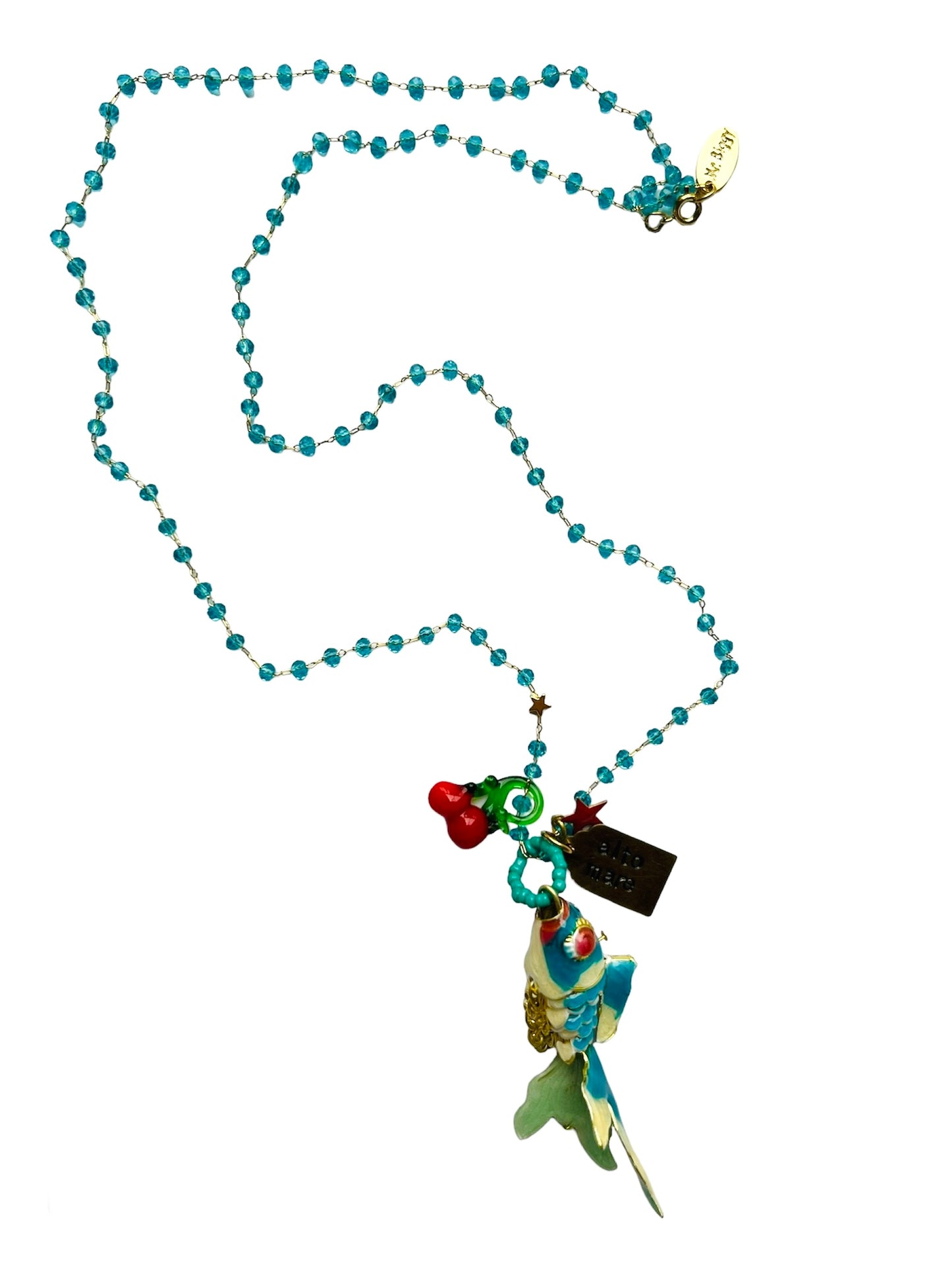 collana lunga MR BIGGY BIJOUX lavorazione rosario e cristalli turchesi con ciondolo pesce in smalto cloisonne' turchese e ciondoli-ciliegie in vetro