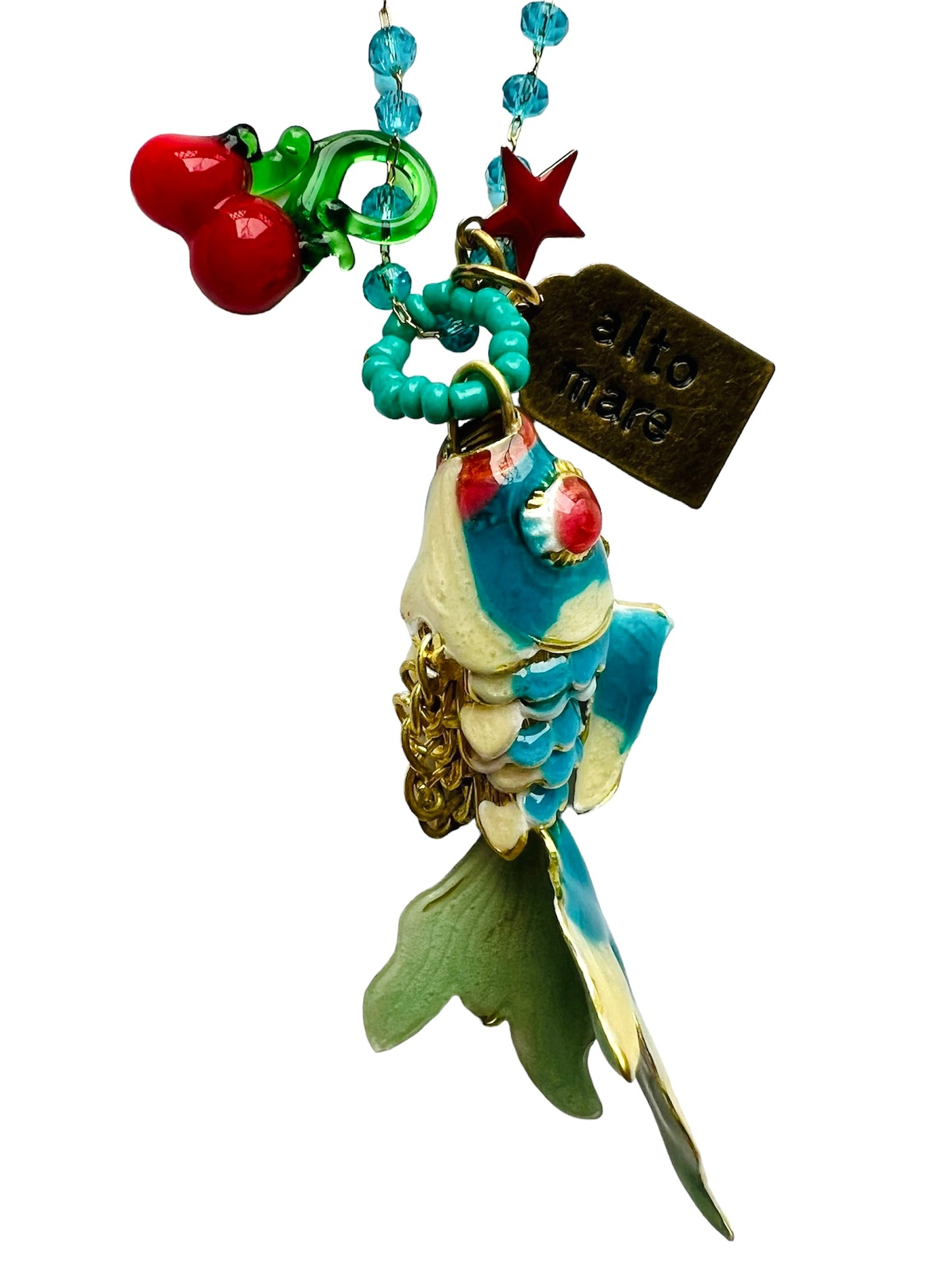 collana lunga MR BIGGY BIJOUX lavorazione rosario e cristalli turchesi con ciondolo pesce in smalto cloisonne' turchese e ciondoli-ciliegie in vetro