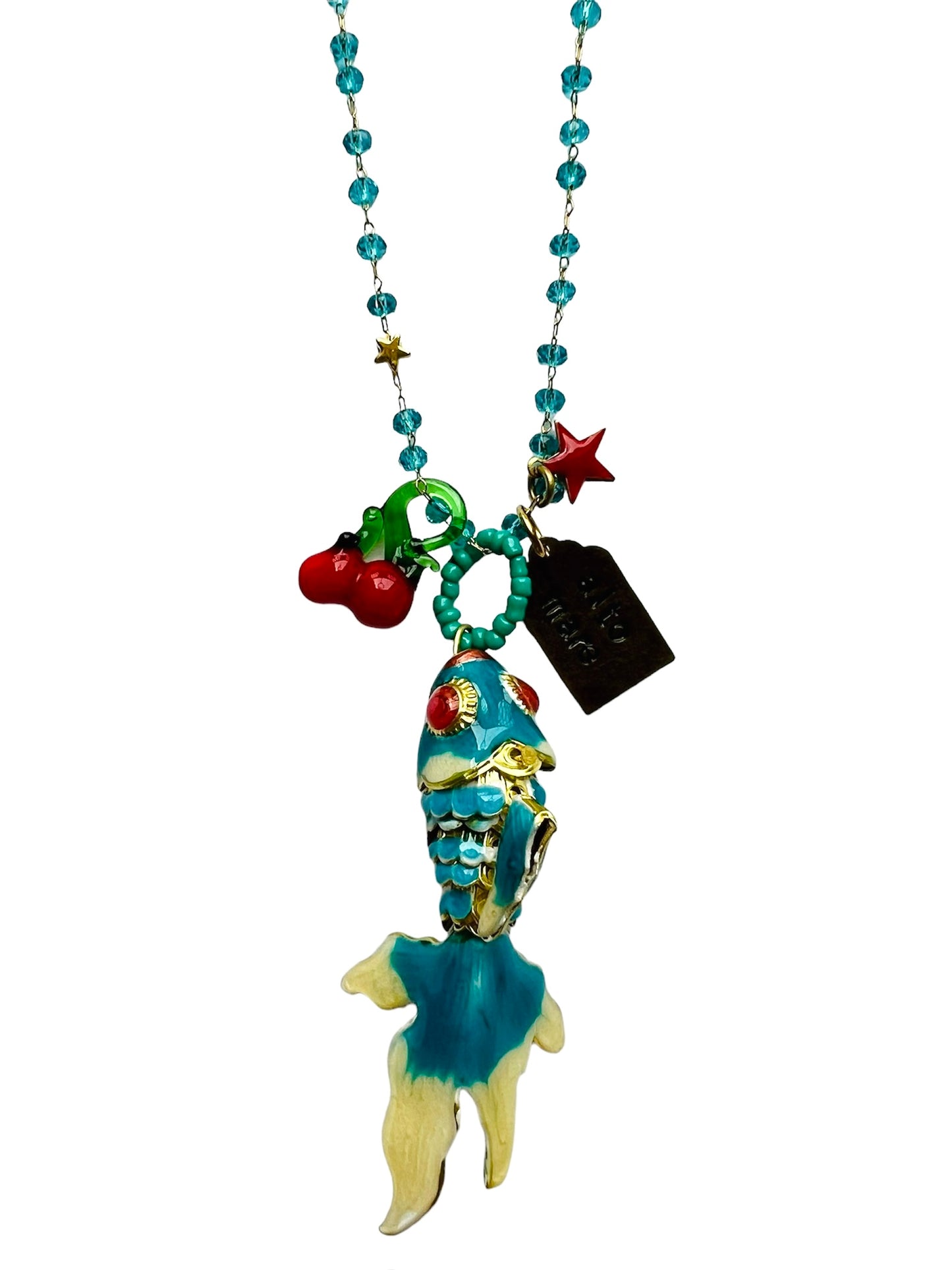 collana lunga MR BIGGY BIJOUX lavorazione rosario e cristalli turchesi con ciondolo pesce in smalto cloisonne' turchese e ciondoli-ciliegie in vetro