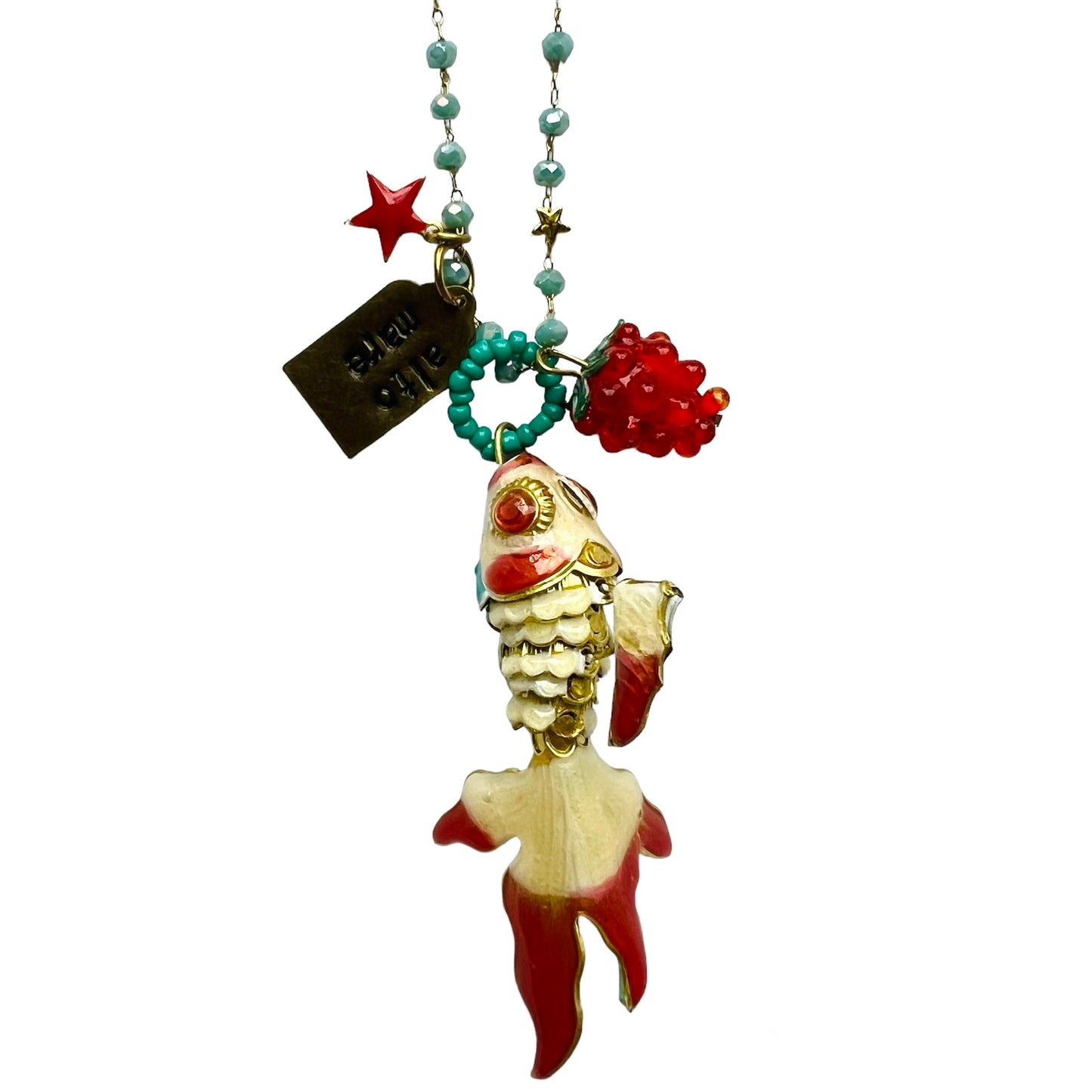 collana lunga MR BIGGY BIJOUX lavorazione rosario e cristalli verde mare con ciondolo pesce in smalto cloisonne' panna e corallo e ciondolo lampone in vetro
