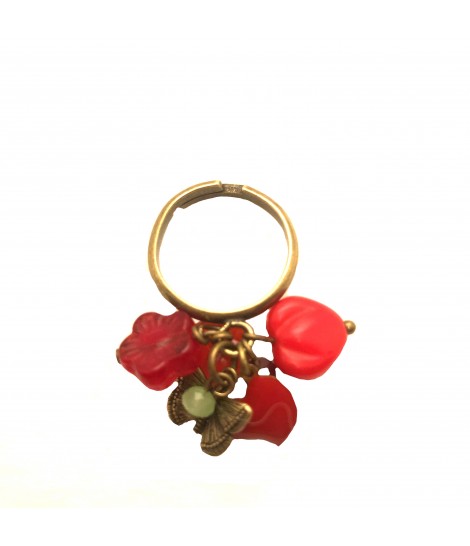 anello BARBARA MOGNI in ottone brunito con ciondoli, farfalla, cuore in smalto e cristalli rossi