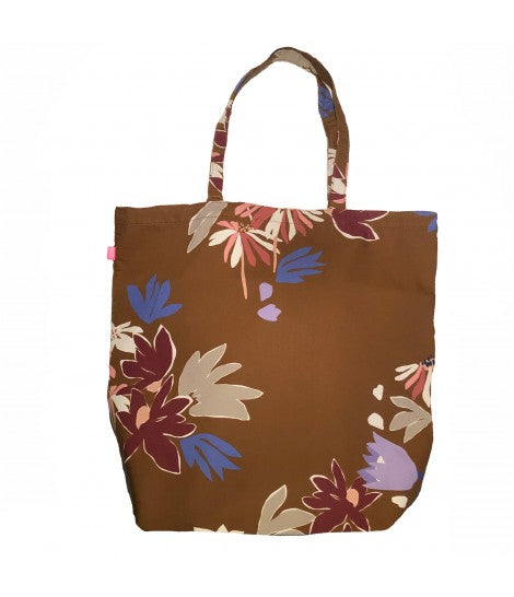 borsa SUD a spalla in tela di cotone marrone mandorla con fantasia floreale bordeaux e arancio
