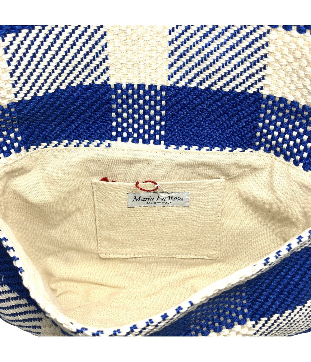 borsa MARIA LA ROSA tessuta a mano a telaio con tracolla a catena e fantasia maxi quadri colore bluette+panna