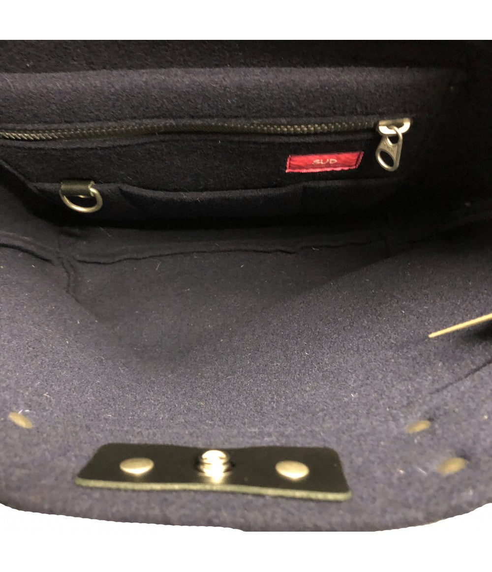 shopping bag SUD in lana blu scuro con doppio manico in pelle nera e tracolla staccabile