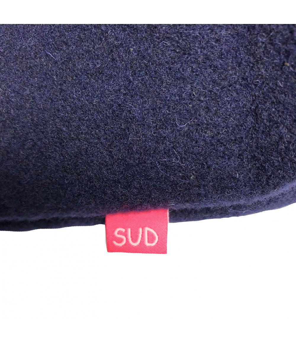 shopping bag SUD in lana blu scuro con doppio manico in pelle nera e tracolla staccabile