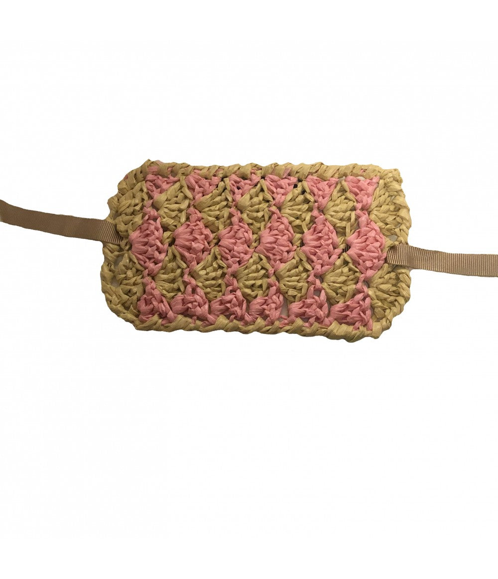 bracciale alto ISOLAROSA in rafia di viscosa intrecciata a mano colore rosa e grezzo