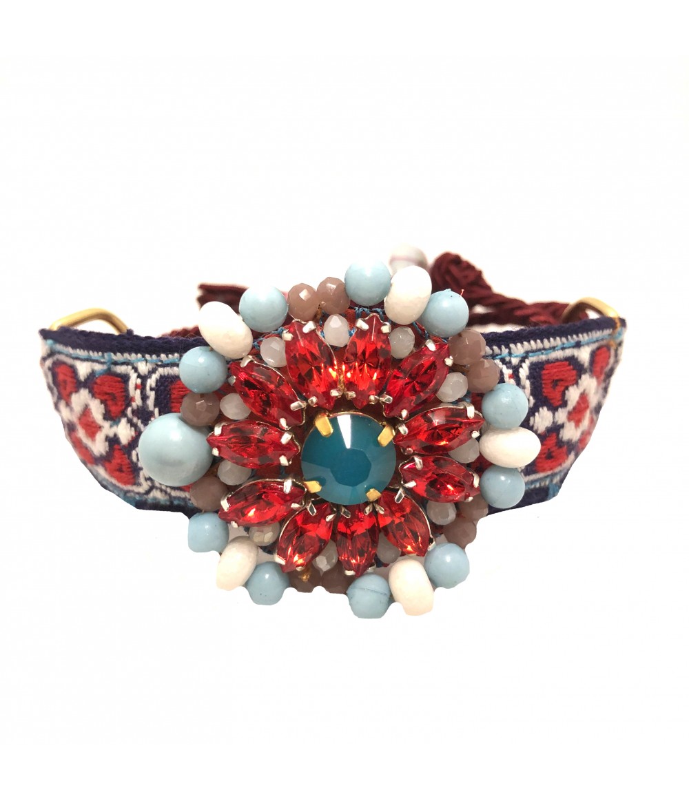 bracciale CHIARA FINI con passamaneria jacquard celeste e blu e ricamo a mano