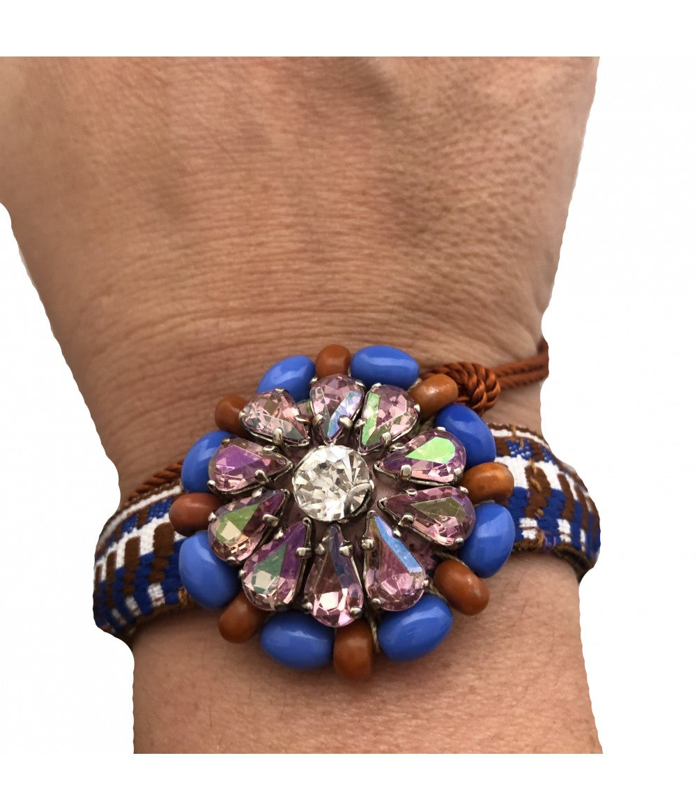 bracciale CHIARA FINI con passamaneria jacquard marrone e bluette e ricamo a mano