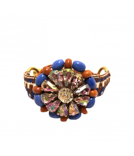 bracciale CHIARA FINI con passamaneria jacquard marrone e bluette e ricamo a mano