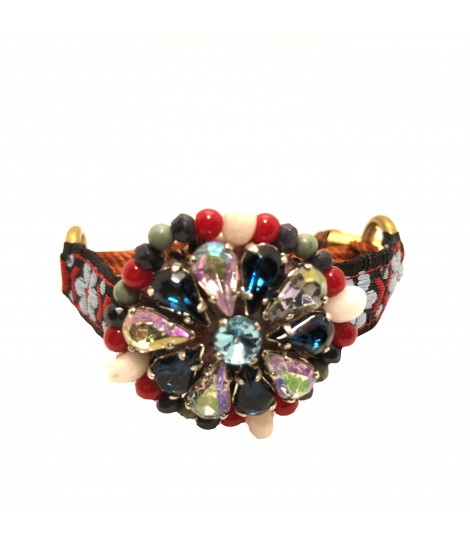 bracciale CHIARA FINI con passamaneria jacquard rosso e blu e ricamo a mano