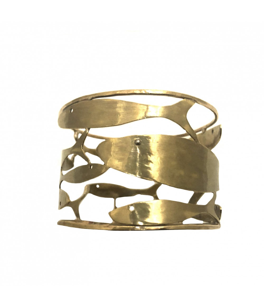 bracciale rigido MAJO in bronzo lucido con pesci di diversa dimensione