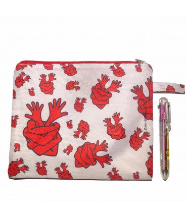 bustina porta tutto LO ZOO DI SIMONA in tessuto con stampa abbraccio a cuore e occhiello