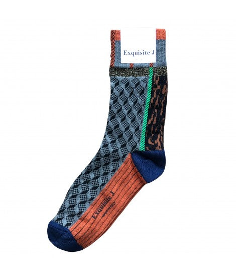 calzini EXQUISITE J jacquard grigio, arancio e blu con inserto in lurex