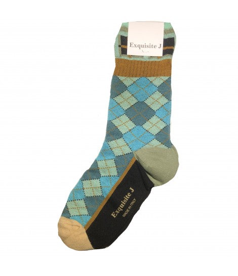calzini EXQUISITE J a quadri argyle acqua e turchese con bordo check