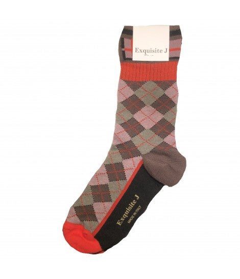 calzini EXQUISITE J a quadri argyle rosa e marrone con bordo check