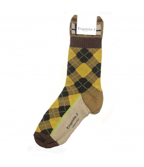 calzini EXQUISITE J a quadri argyle senape e marrone con bordo check