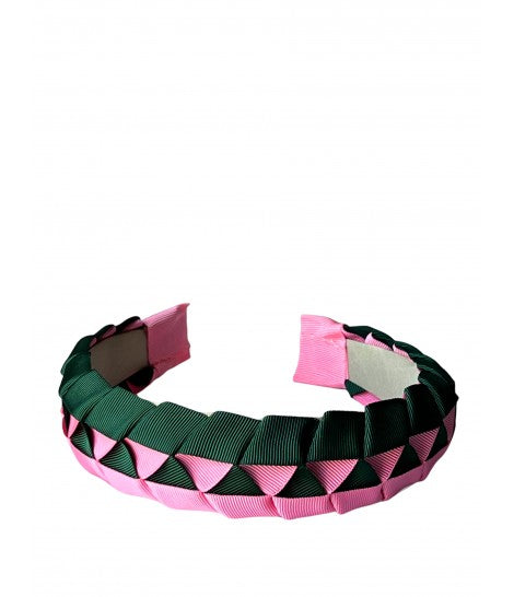 cerchietto per capelli PEPITA in gros grain intrecciato a mano effetto origami rosa e verde scuro