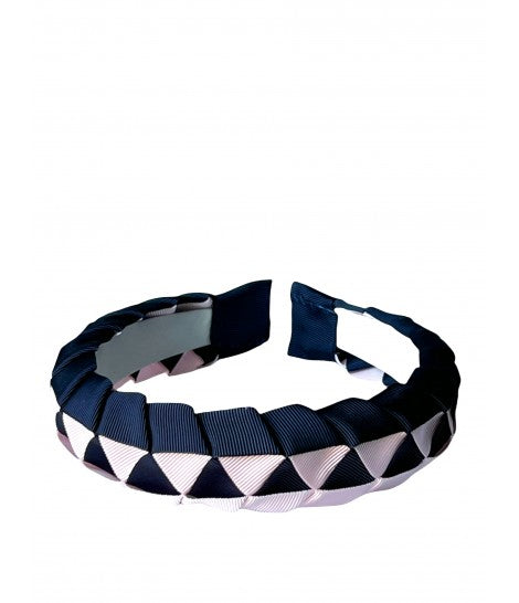 cerchietto per capelli PEPITA in gros grain intrecciato a mano effetto origami blu navy e rosa chiaro