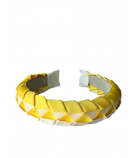 cerchietto per capelli PEPITA in gros grain intrecciato a mano effetto origami giallo e bianco panna