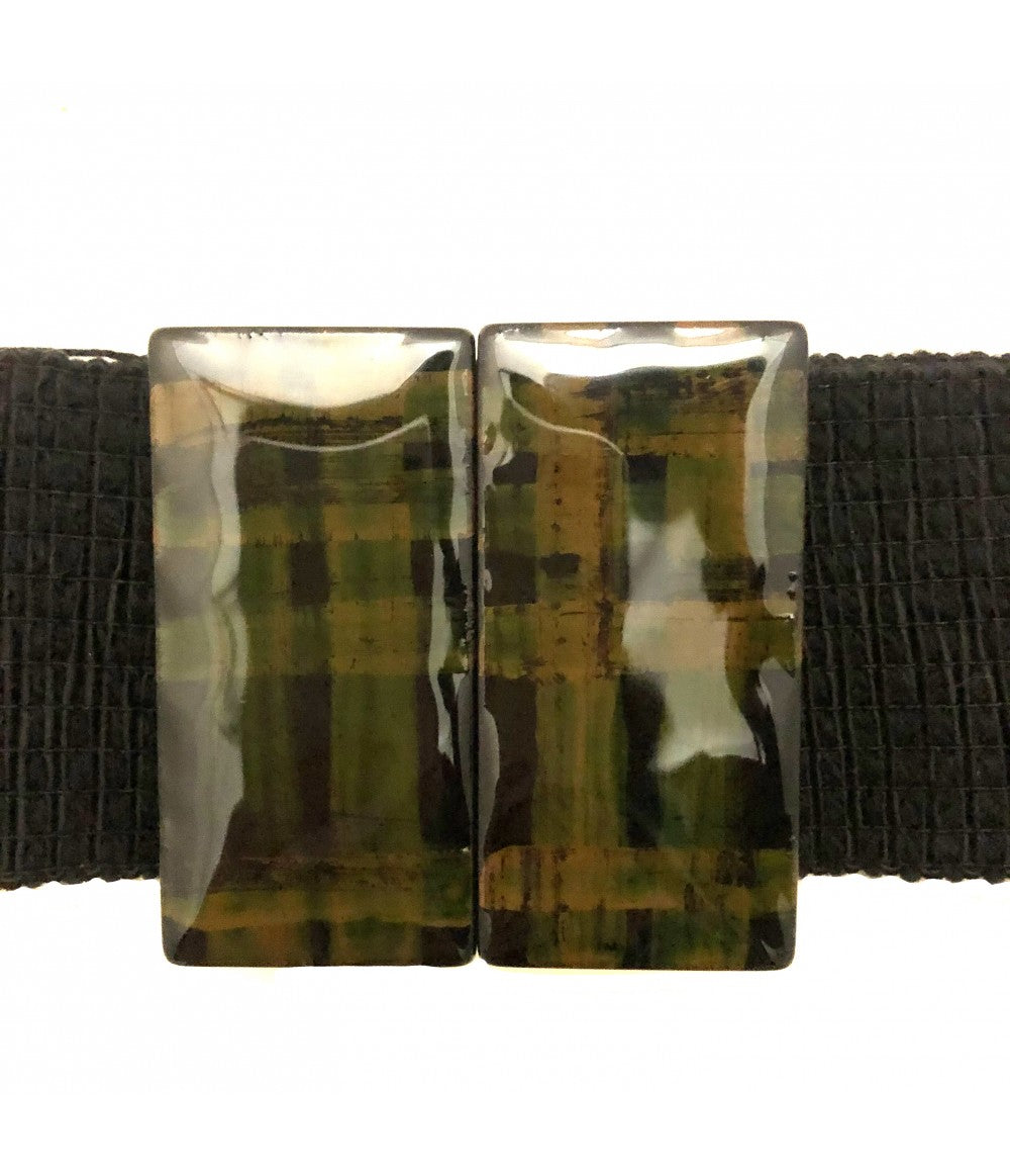 cintura alta EXQUISITE J in lana elastica nera con fibbia rettangolare tartan verde e ocra