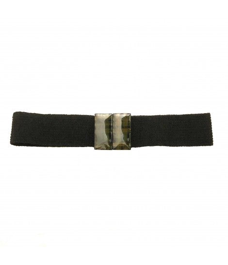 cintura alta EXQUISITE J in lana elastica nera con fibbia rettangolare tartan verde e ocra