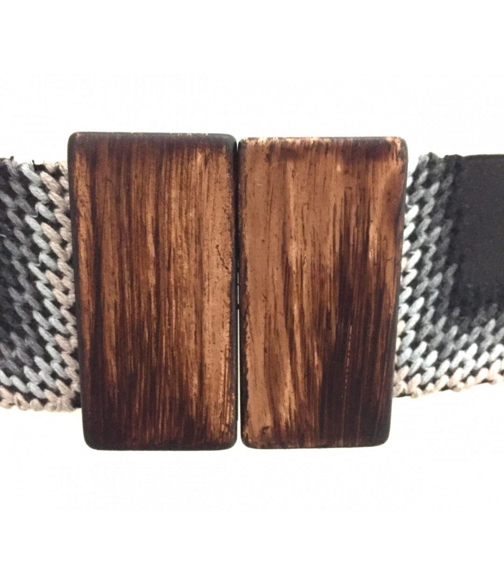 Cintura EXQUISITE J con ricami in lana grigia e nera e fibbia rettangolare in legno