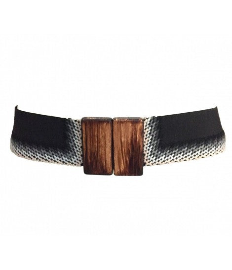Cintura EXQUISITE J con ricami in lana grigia e nera e fibbia rettangolare in legno