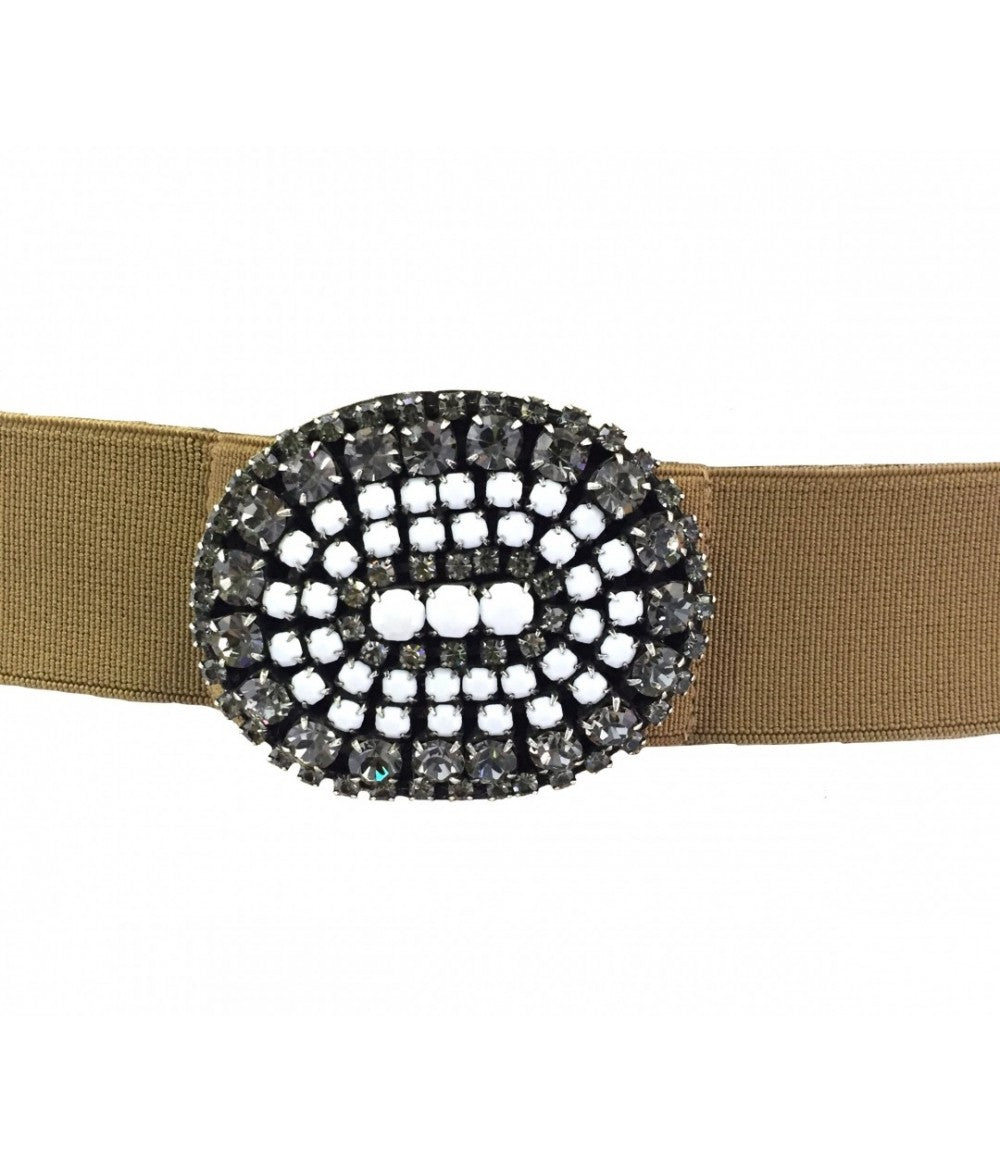 Cintura EXQUISITE J elastica con maxi fibbia ovale e cristalli bianchi