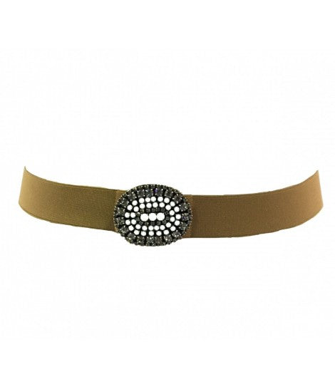 Cintura EXQUISITE J elastica con maxi fibbia ovale e cristalli bianchi