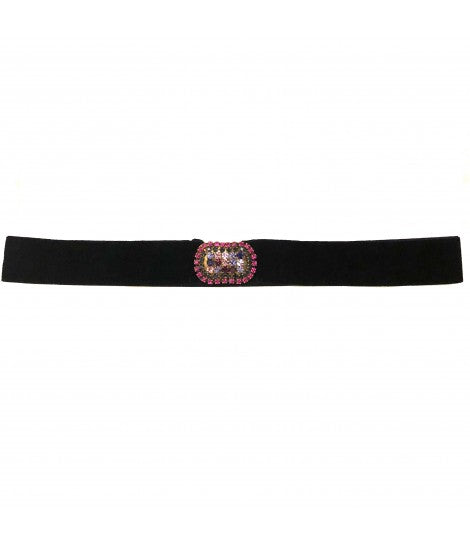 cintura EXQUISITE J in velluto elastico blu notte con fibbia di cristalli blu e rosa