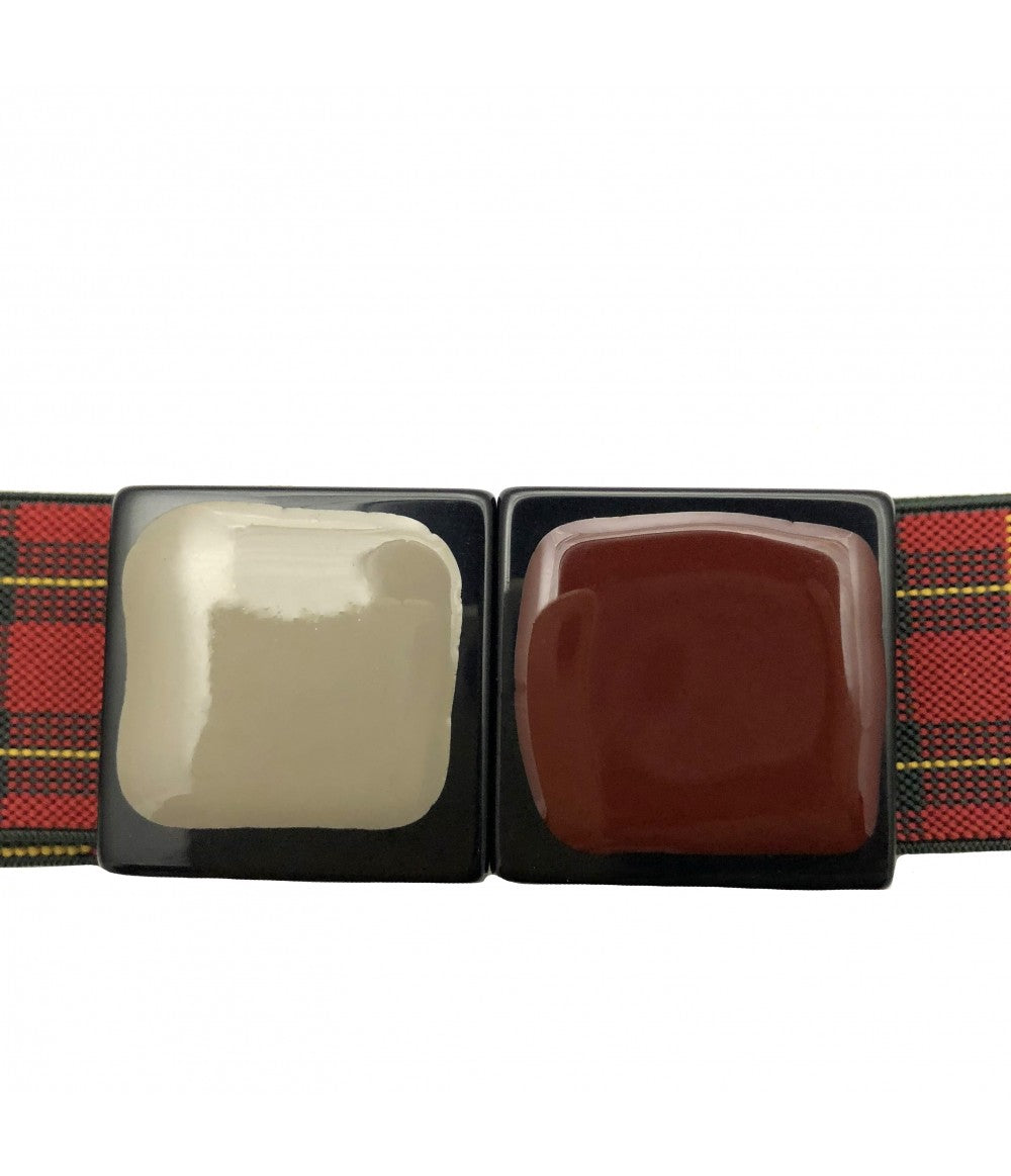 cintura EXQUISITE J tartan rosso+ nero fibbia doppio cubo in smalto
