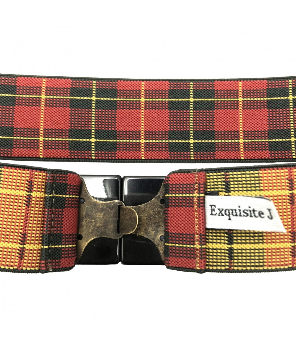 cintura EXQUISITE J tartan rosso+ nero fibbia doppio cubo in smalto
