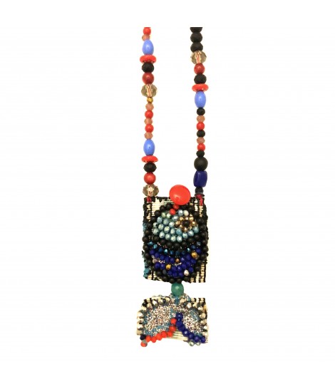 collana lunga CHIARA FINI con cristalli, paillettes e ciondolo pesce ricamato a mano con cristalli e paillettes