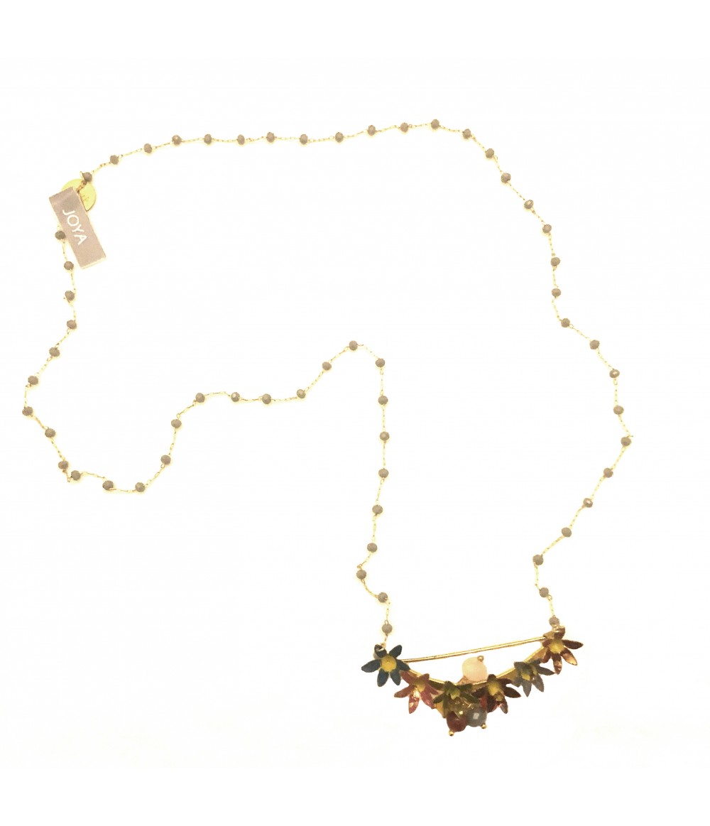 collana lunga JOYA con catena in micro cristalli grigio chiaro e ciondolo-bouquet di fiori in smalto colorato