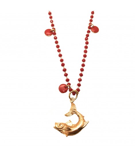 collana lunga SABRINA CANZONIERE con cristalli rossi e ciondolo pesce in ottone, pastiglie in smalto e stelline in ottone smaltato
