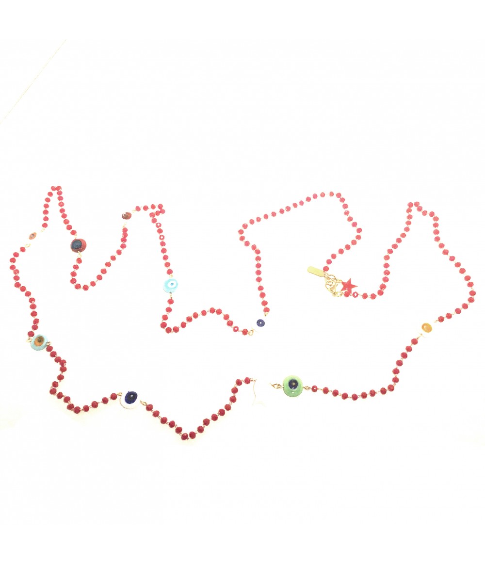 collana lunga SABRINA CANZONIERE con cristalli rossi, murrine piatte in vetro multicolore e pesciolino in vetro